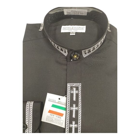 MEN'S DANIEL ELLISSA BLK W/WHITE EMBROIDERY BANDED COLLAR DRESS SHIRT. DS2005C. - Picture 2 of 3